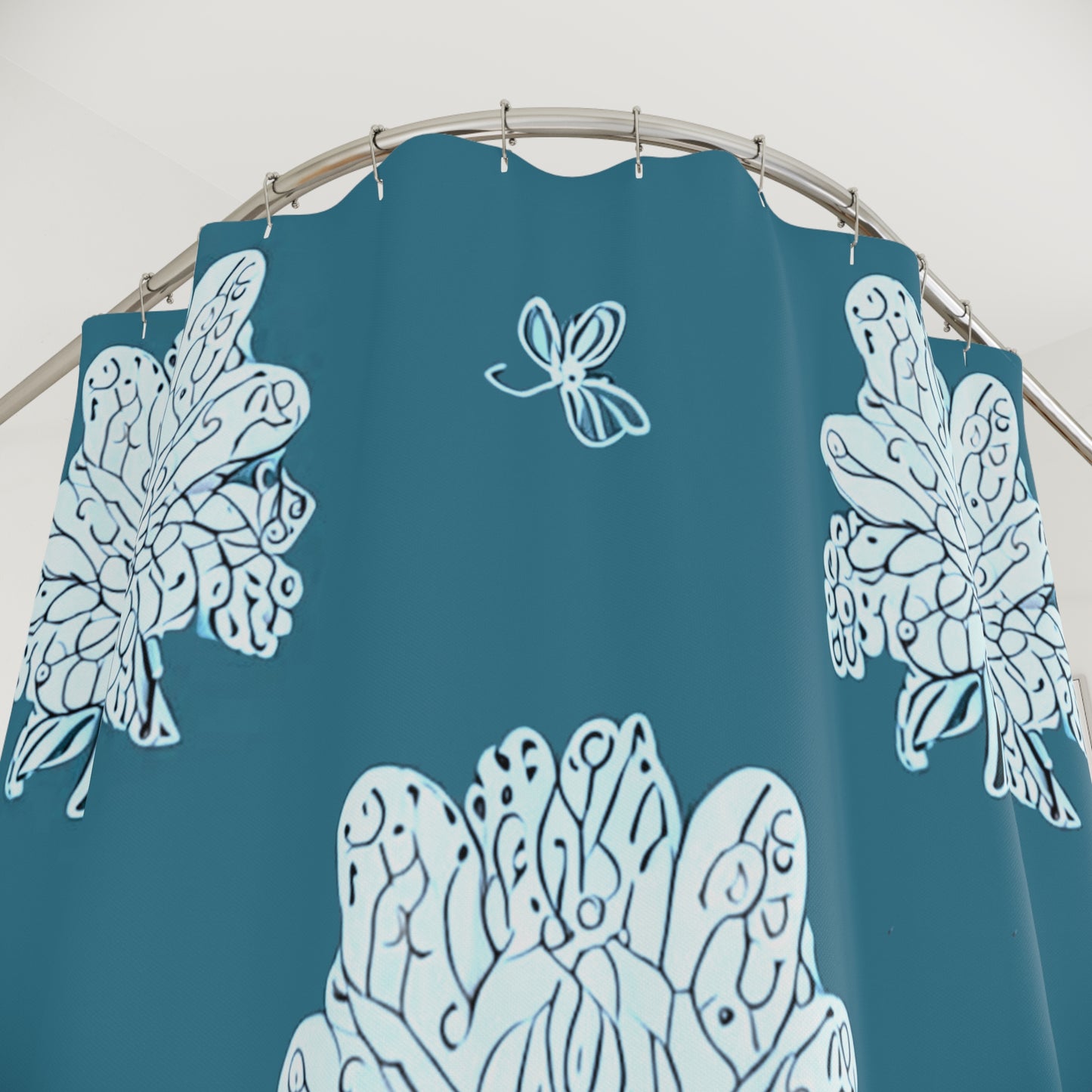 Tif Green White Floral Butterflies Shower Curtain, 71" x 74"