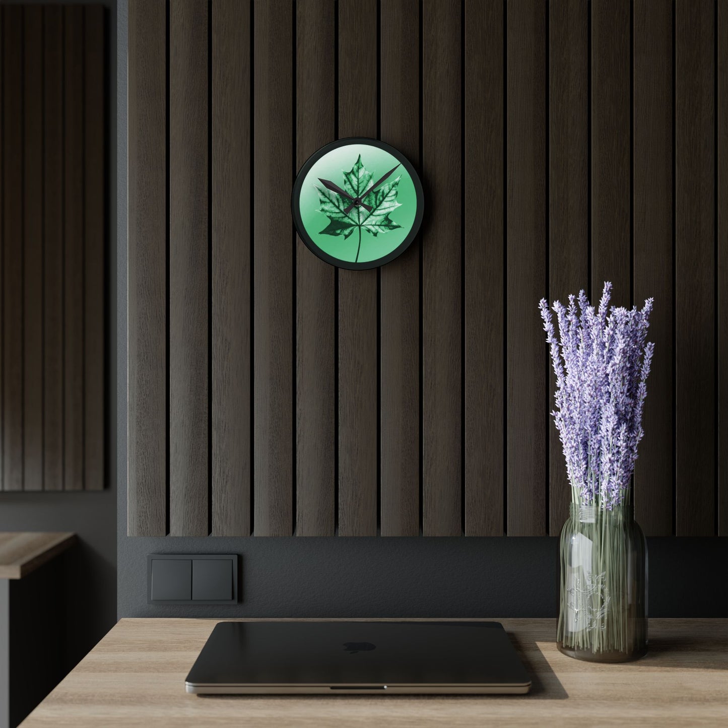 Mint Green Maple Leaf Acrylic Round Wall Clock, 8" x 8"
