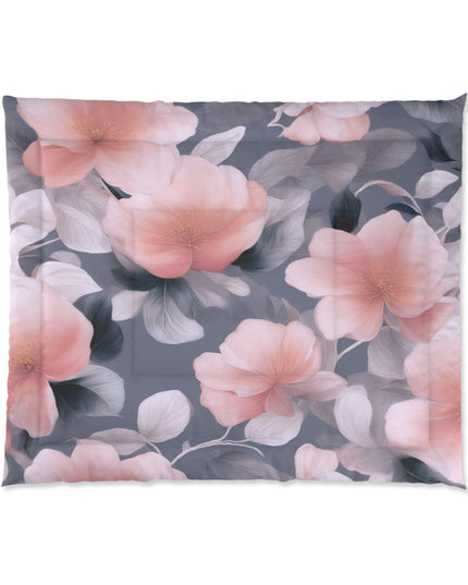 Peach and Blue Gray Floral Bunch Comforter, 104" × 88"