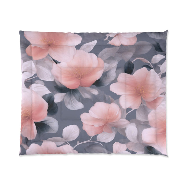 Peach and Blue Gray Floral Bunch Comforter, 104" × 88"