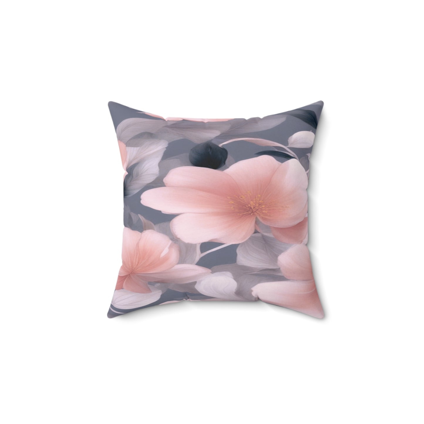 Peach and Blue Gray Floral Bunch Faux Suede Square Pillow, 14" x 14"