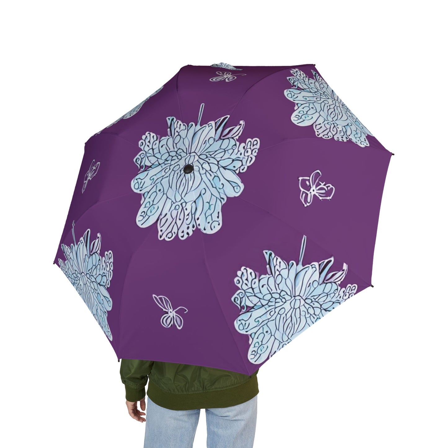 Blue Floral Butterflies Foldable Umbrella - Compact & Chic