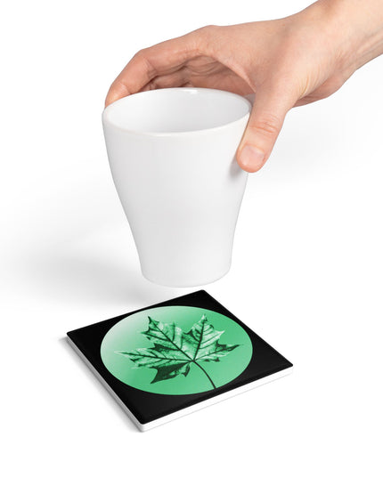 Mint Green Maple Leaf 4" x 4" Square Ceramic Coaster