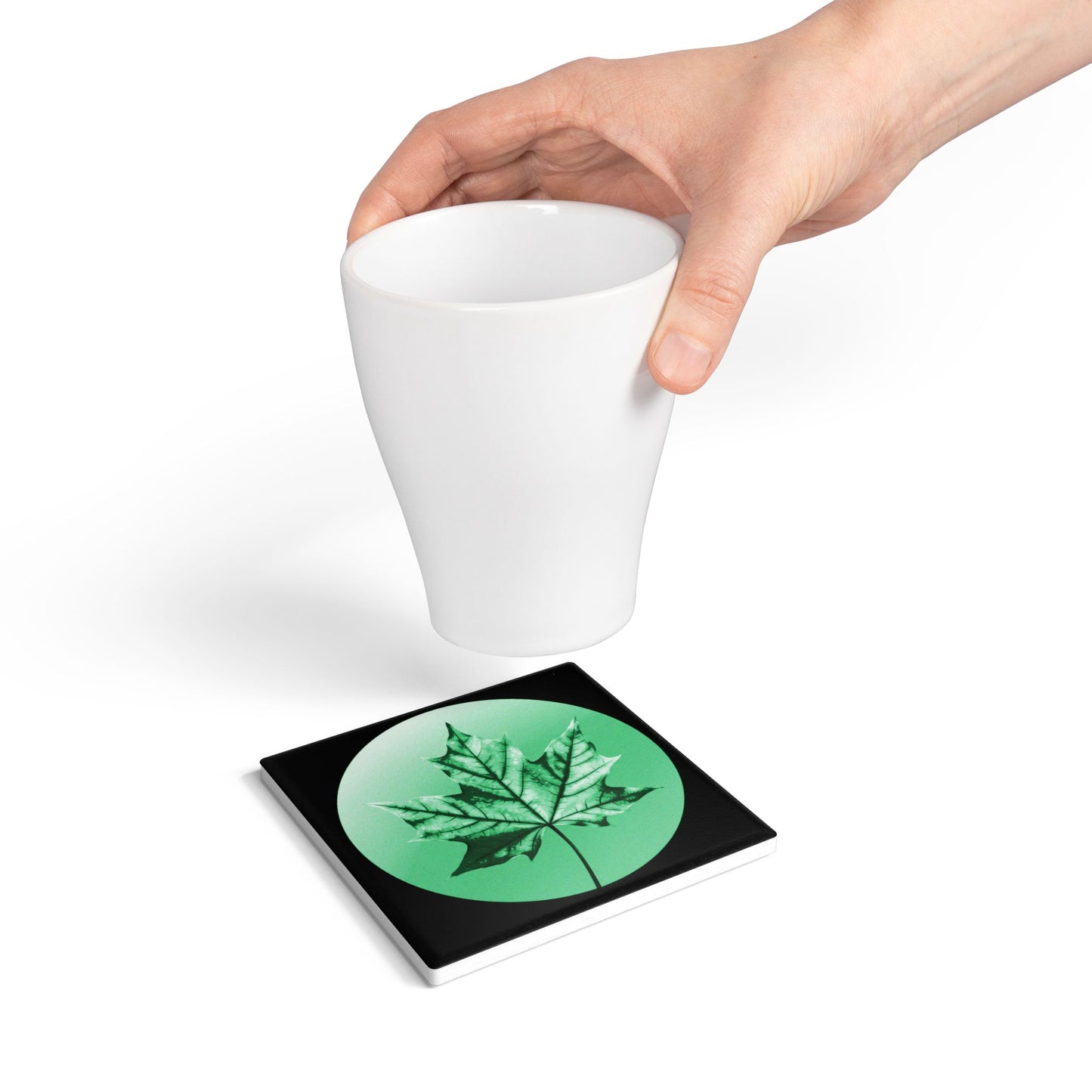 Mint Green Maple Leaf 4" x 4" Square Ceramic Coaster