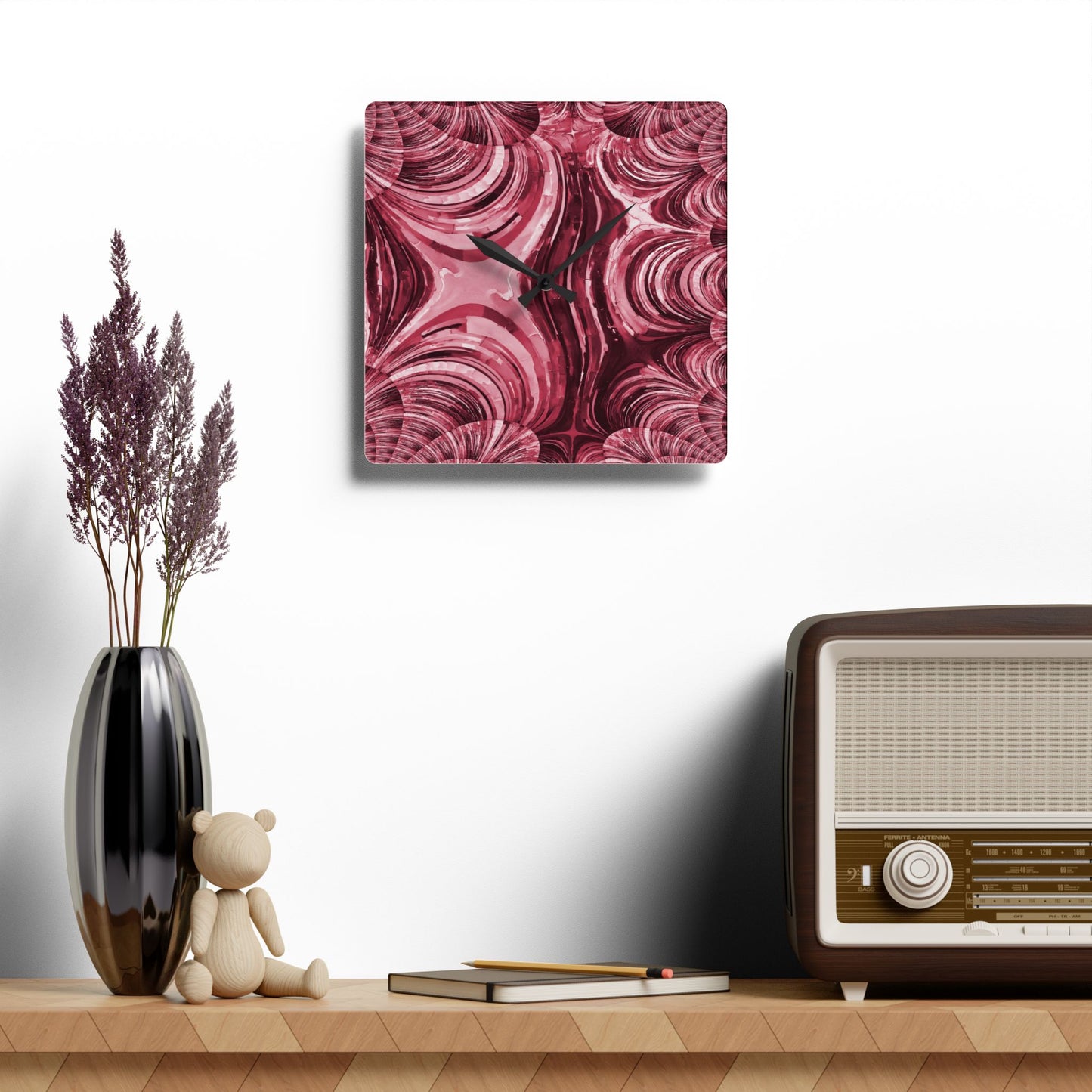 Uzi Spiral Ruby Acrylic Wall Clock, Round or Square, 10.75" x 10.75"