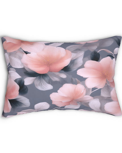 Peach and Blue Gray Floral Bunch Spun Polyester Lumbar Pillow, 20" x 14"