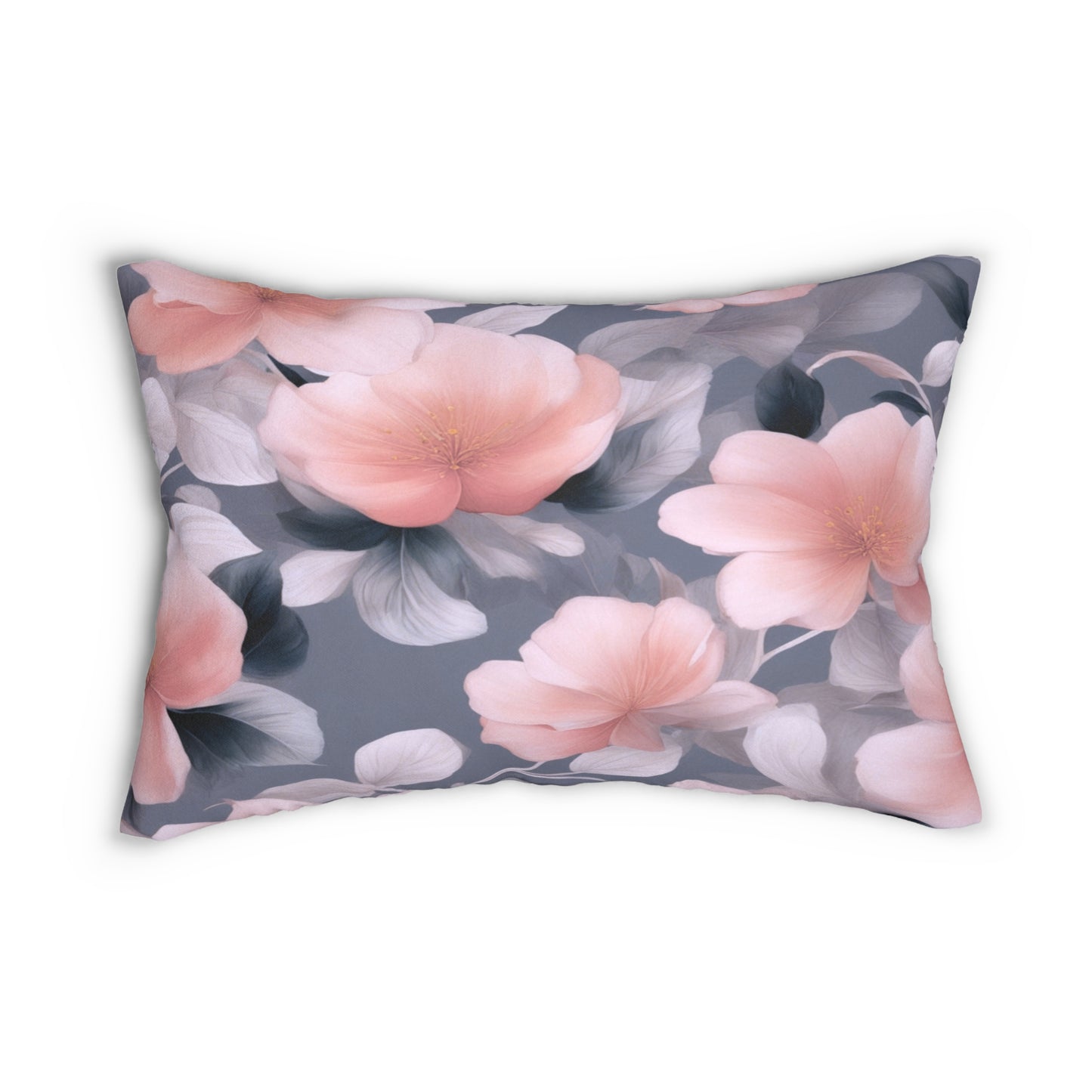 Peach and Blue Gray Floral Bunch Spun Polyester Lumbar Pillow, 20" x 14"