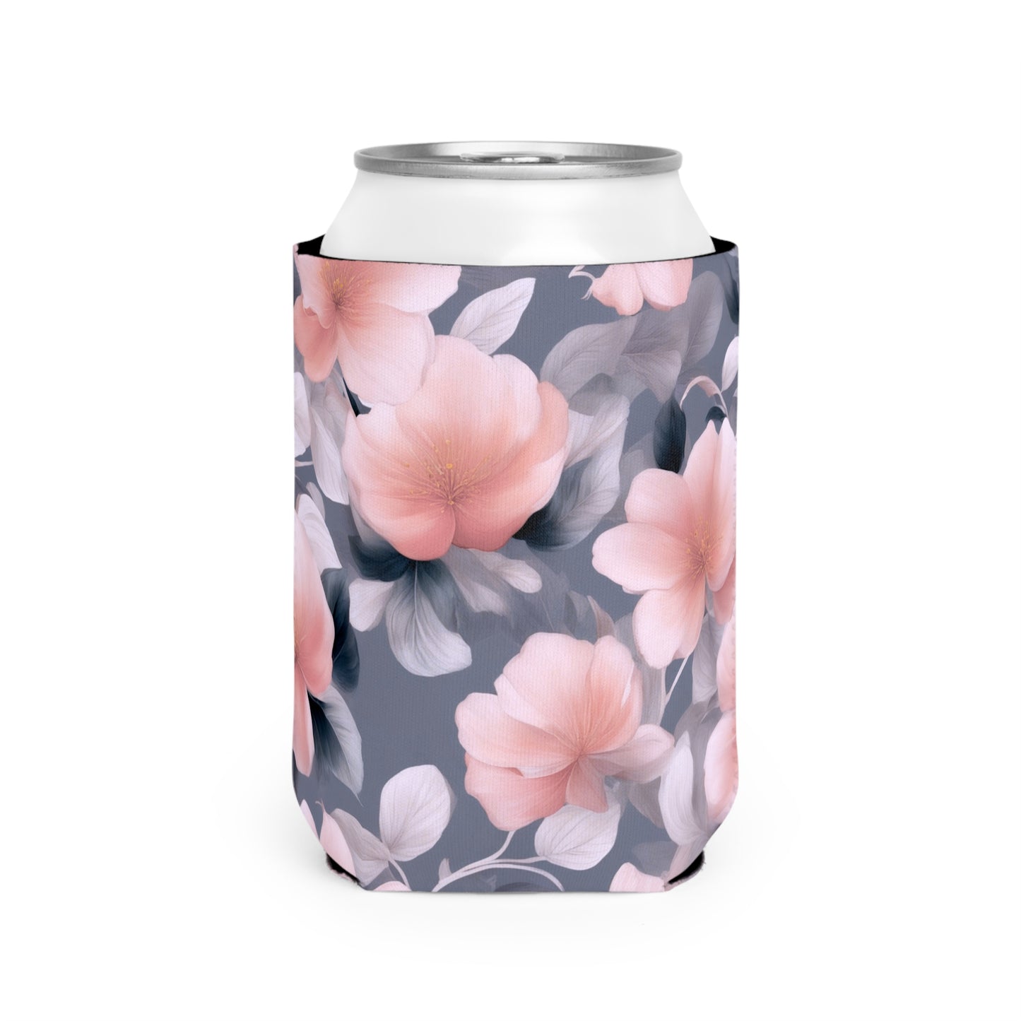 Peach and Blue Gray Floral Bunch 12 oz Can Cooler Sleeve