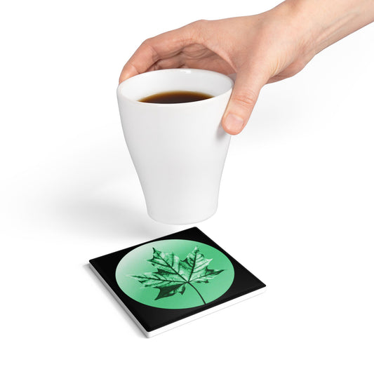 Mint Green Maple Leaf 4" x 4" Square Ceramic Coaster