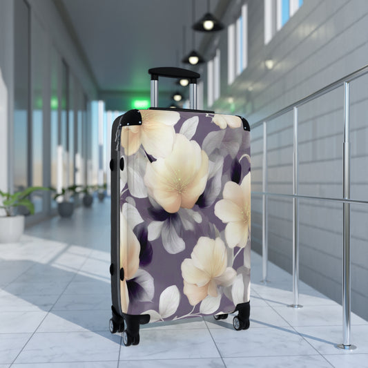 White Blush Floral Bunch Medium Suitcase with built in lock, 4 double-wheels, telescopic handle, and ABS back hard-shell