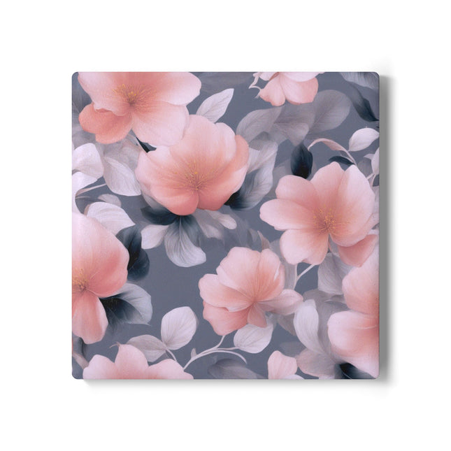 Peach and Blue Gray Floral Bunch Square Ceramic Coaster, 4" x 4"