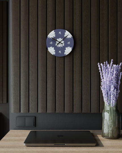White Floral Butterflies Acrylic Round Wall Clock, 8" x 8"