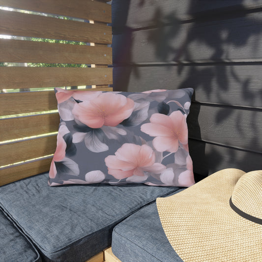 Peach and Blue Gray Floral Bunch Outdoor Pillow, 20" x 14"
