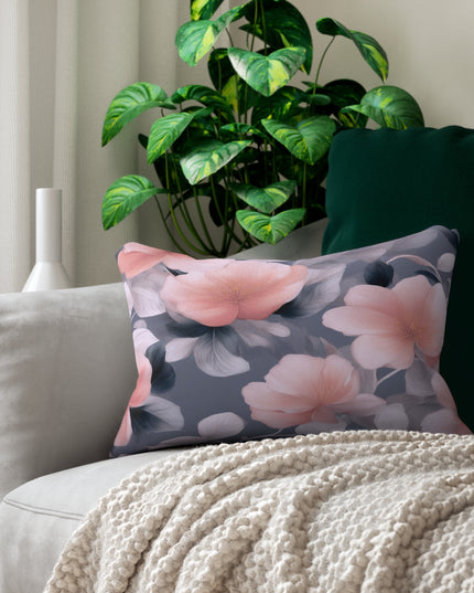 Peach and Blue Gray Floral Bunch Spun Polyester Lumbar Pillow, 20" x 14"
