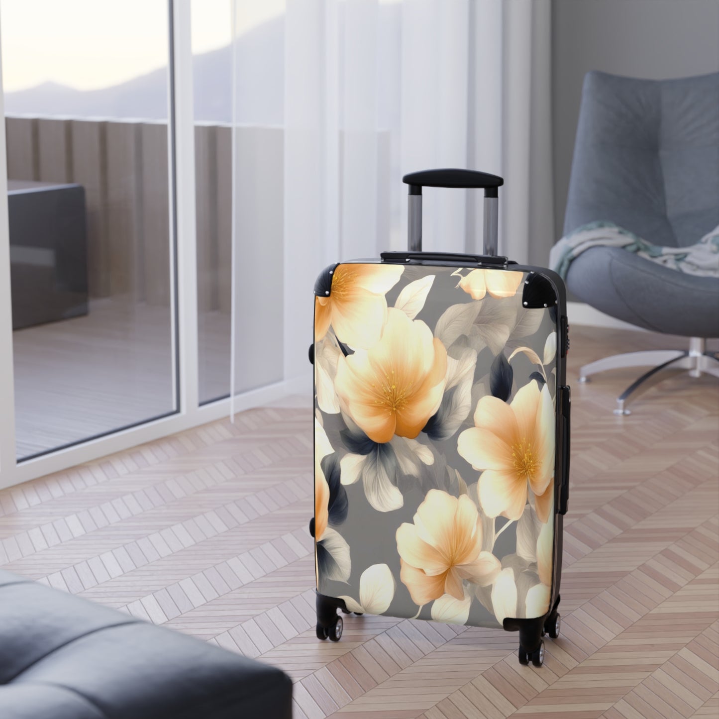 Soft Blossom Floral Bunch Medium Suitcase with built in lock, 4 double-wheels, telescopic handle, and ABS back hard-shell