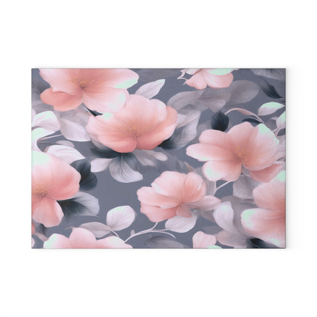 Peach and Blue Gray Floral Bunch Glass Cutting Board, 8" x 11"