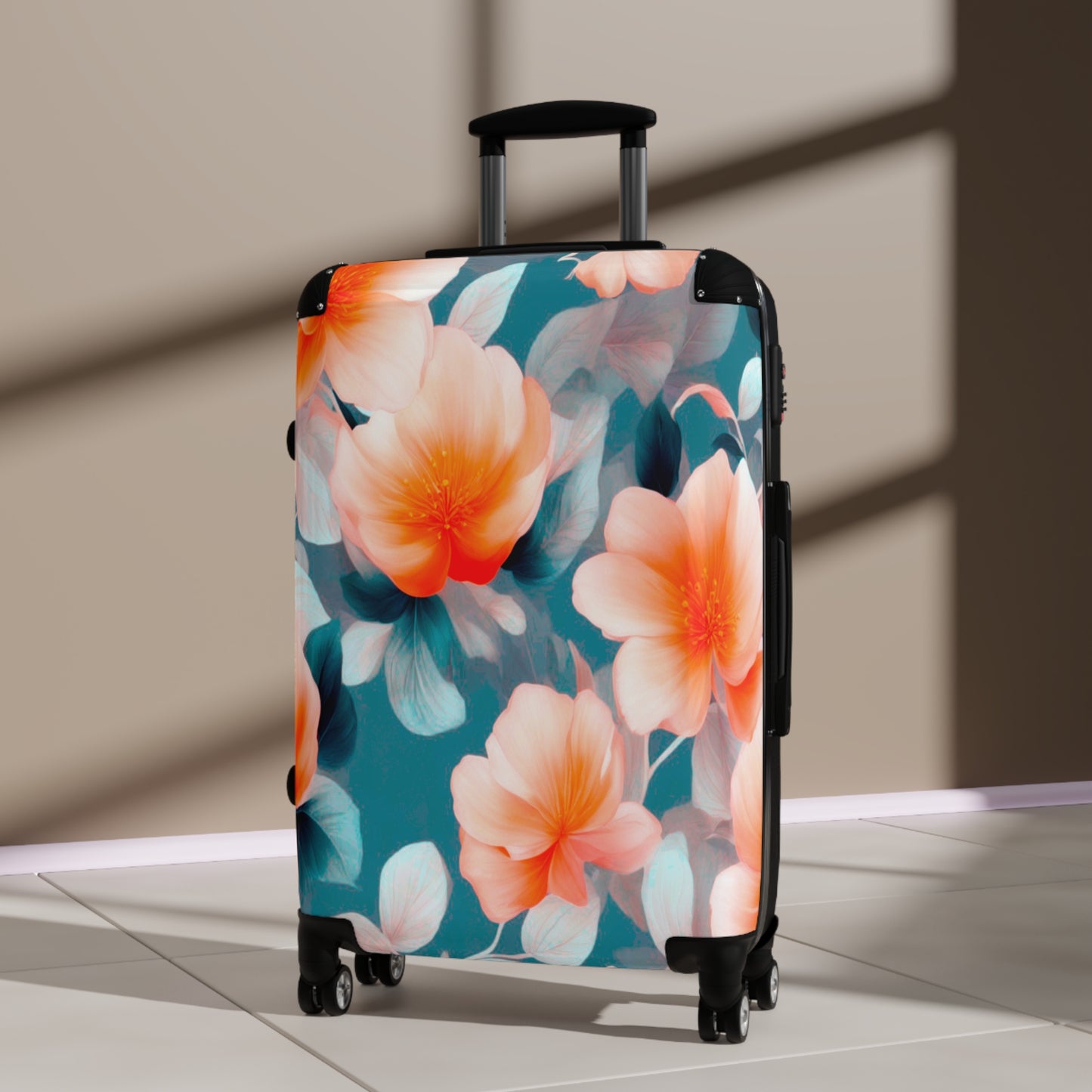 Orange Blossom Floral Bunch Medium Suitcase with built in lock, 4 double-wheels, telescopic handle, and ABS back hard-shell