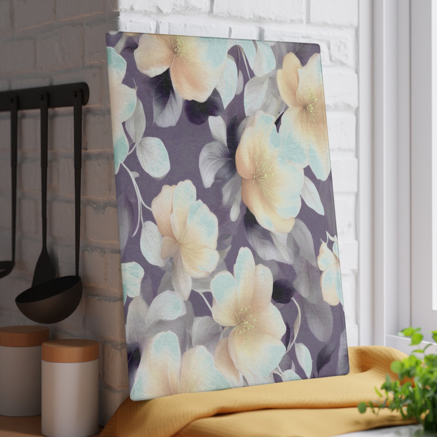 White Blush Floral Bunch Glass Cutting Board, 11" x 15"
