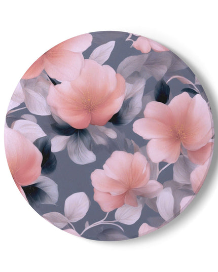 Peach and Blue Gray Floral Bunch Round Ceramic Coaster, 4" x 4"