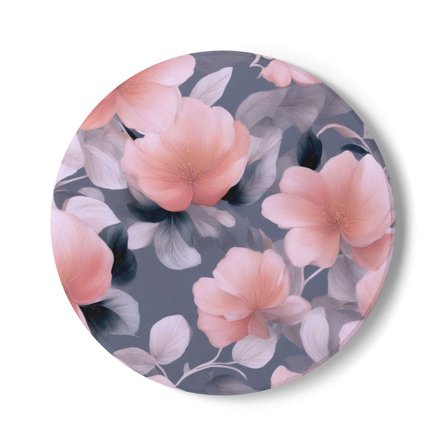 Peach and Blue Gray Floral Bunch Round Ceramic Coaster, 4" x 4"