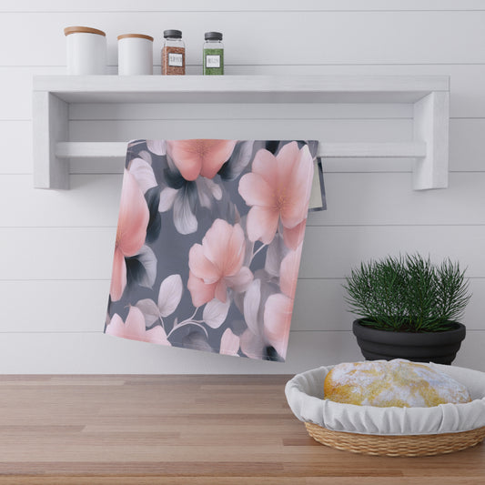 Peach and Blue Gray Floral Bunch Tea Towels (cotton, poly), 18" x "30