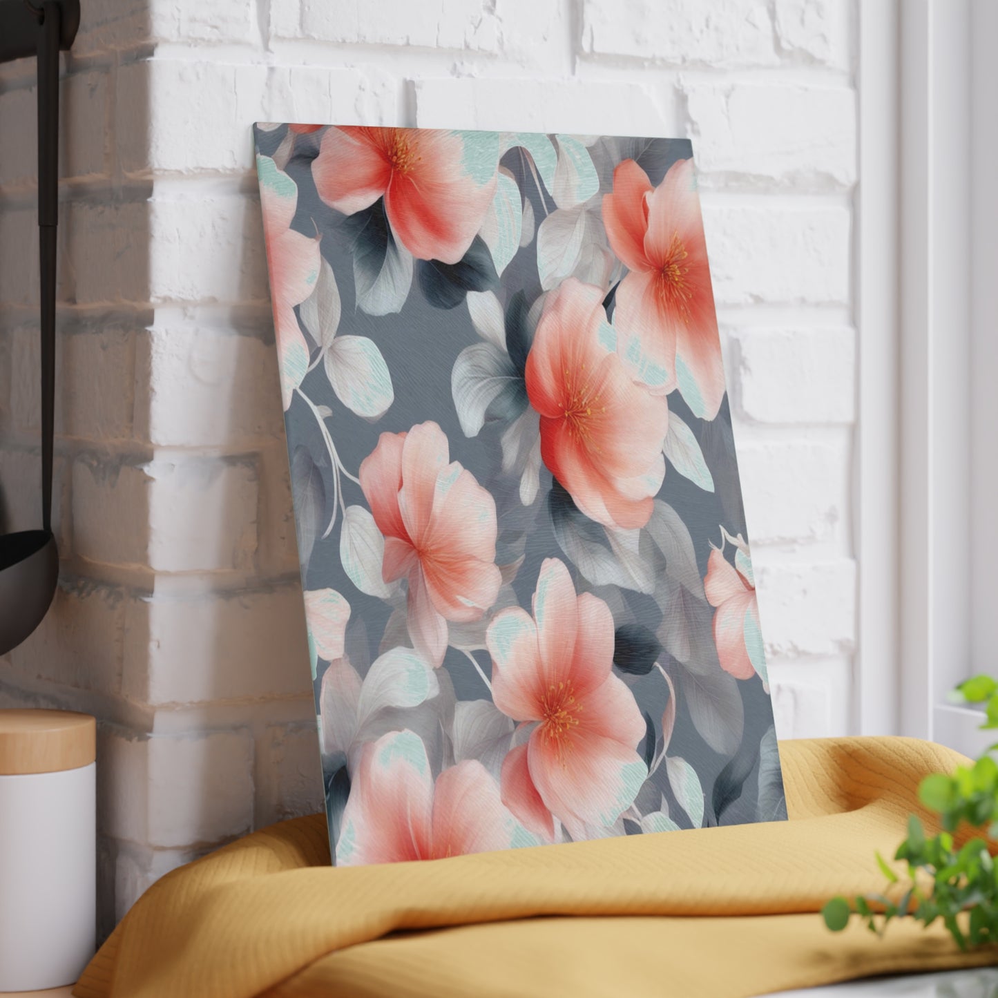 Red Blossom Floral Bunch Glass Cutting Board, 8" x 11"