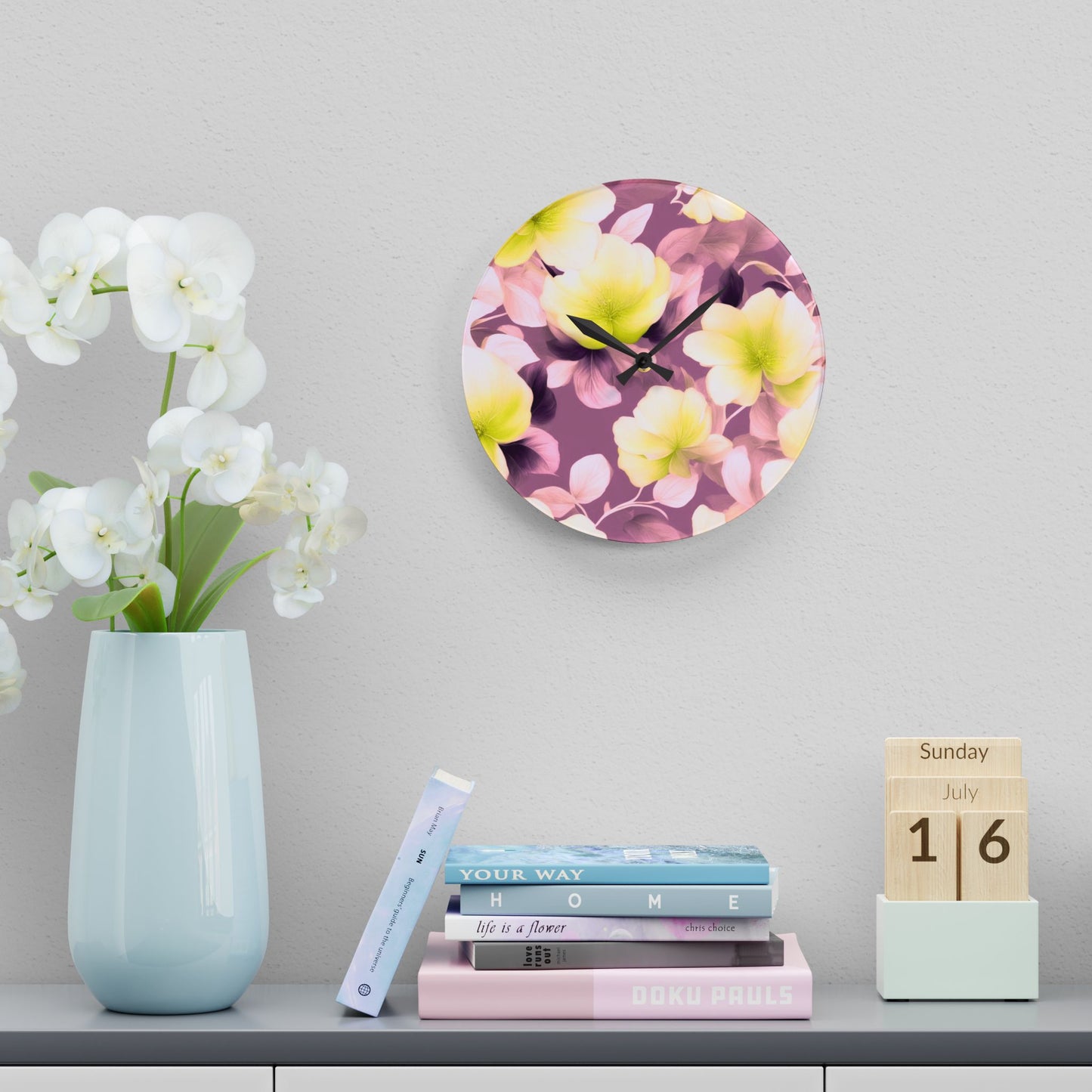 Lemon Blossom Floral Bunch Acrylic Wall Clock, Round or Square, 10.75" x 10.75"