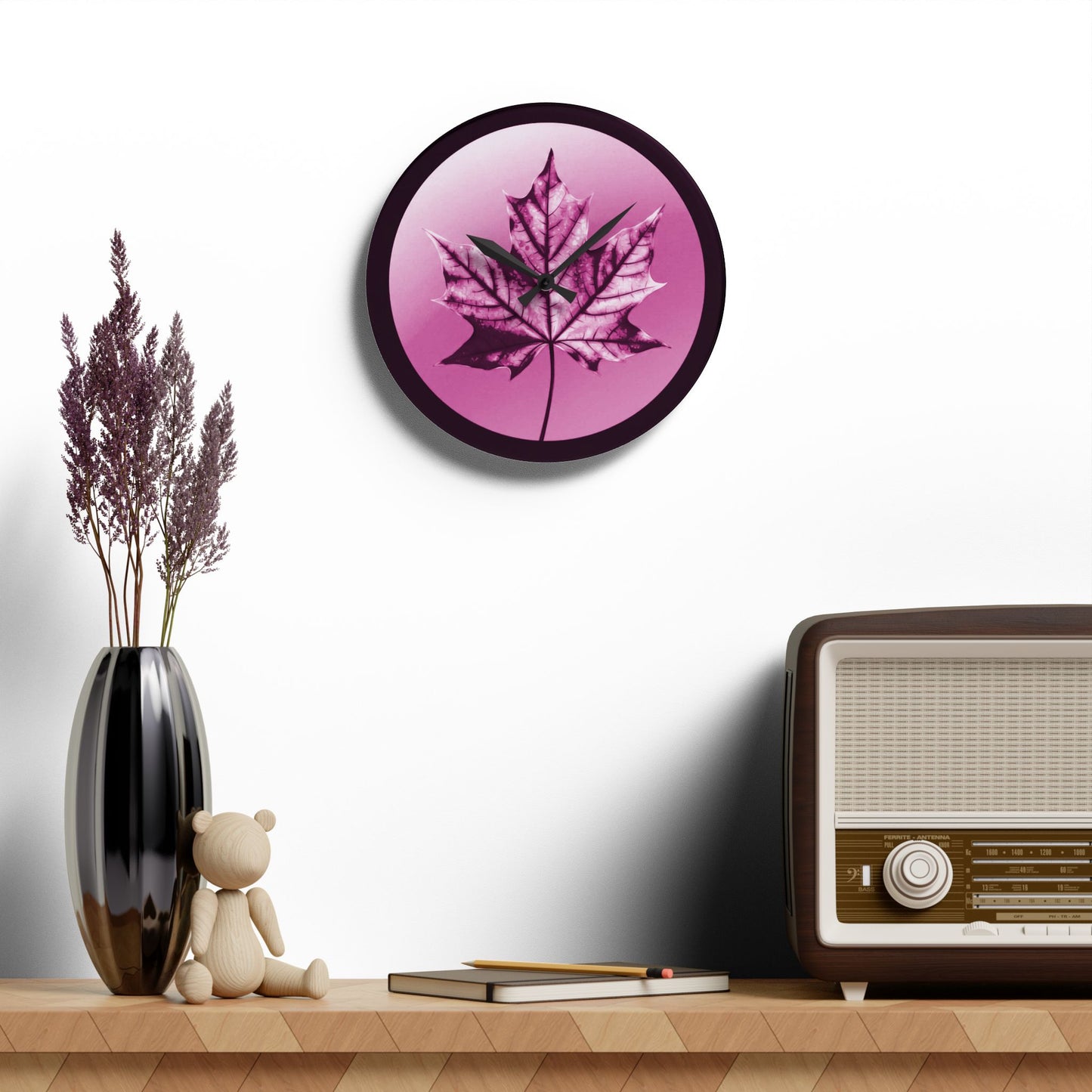 Magenta Maple Leaf Acrylic Wall Clock, Round or Square, 10.75" x 10.75"