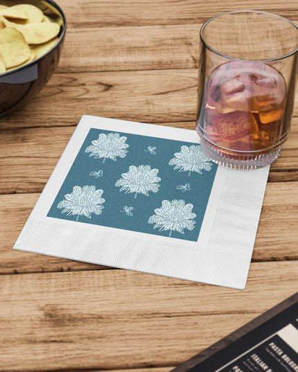 Tif Green White Floral Butterflies White Coined Napkins, 6.5" x 6.5"