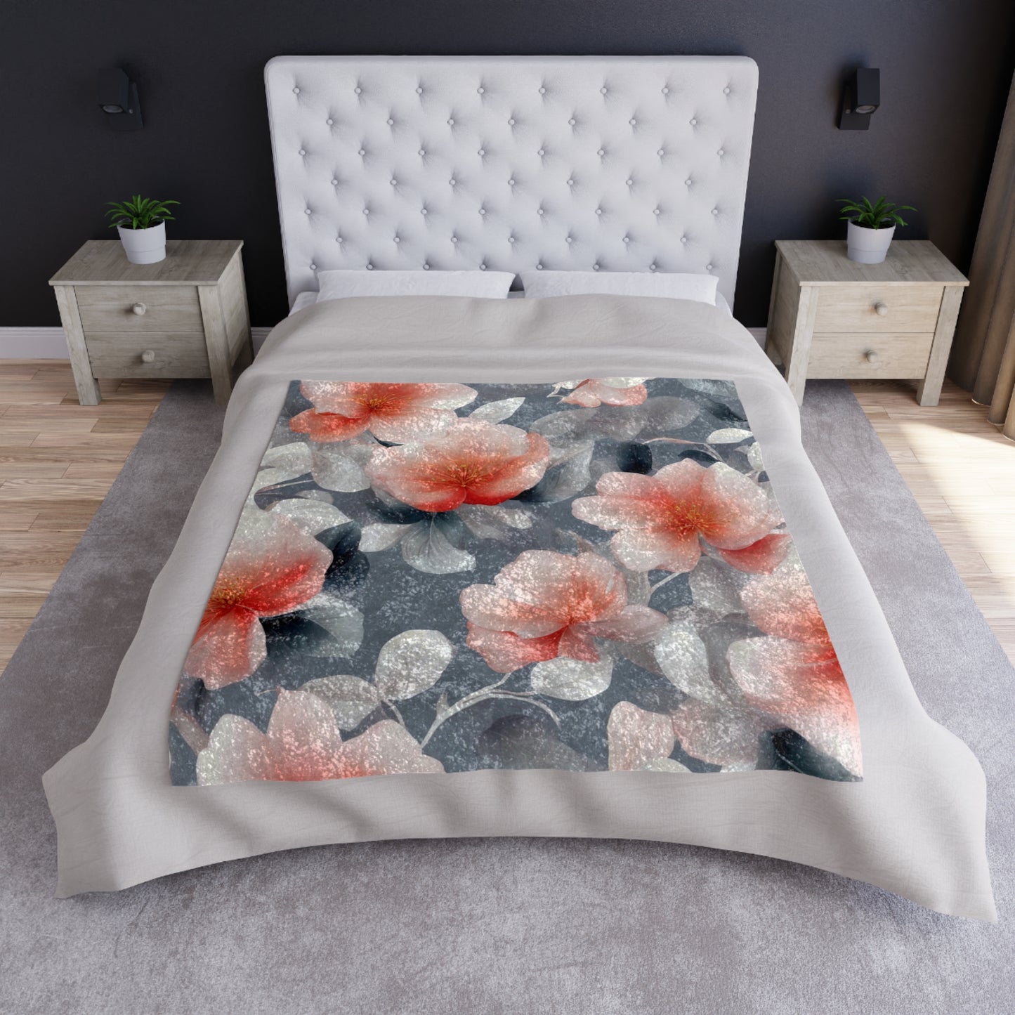 Red Blossom Floral Bunch Crushed Velvet Blanket, 50" x 60"