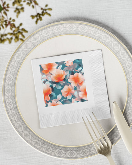 Orange Blossom Floral Bunch White Coined Napkins, 4.8" x 4.8"