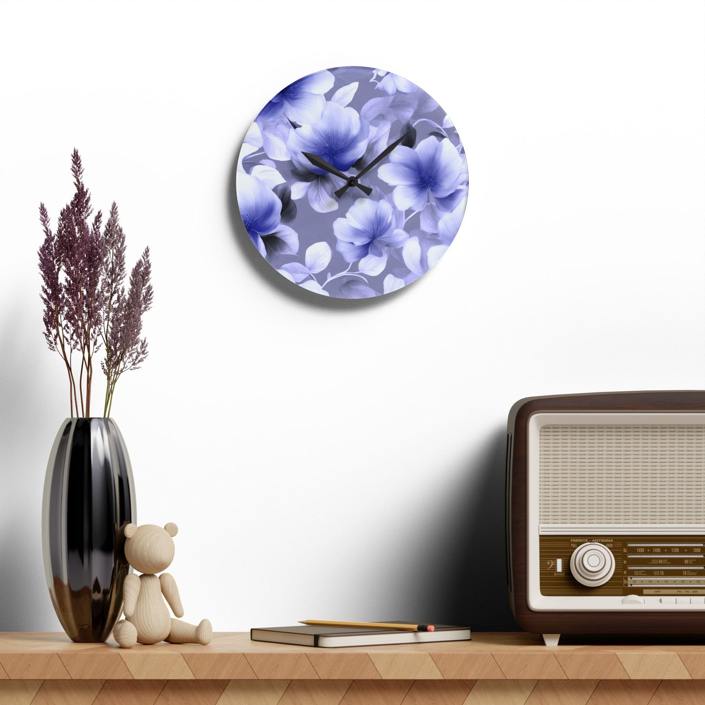 Indigo Blossom Floral Bunch Acrylic Wall Clock, Round or Square, 10.75" x 10.75"