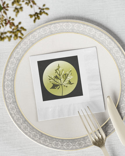 Lemongrass Maple Leaf White Coined Napkins, 4.8" x 4.8"