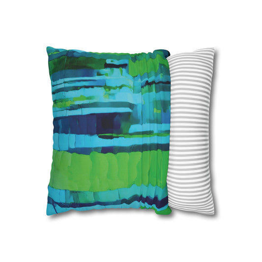 Striped Blue Green Spun Polyester Square Pillowcase, 14" x 14"