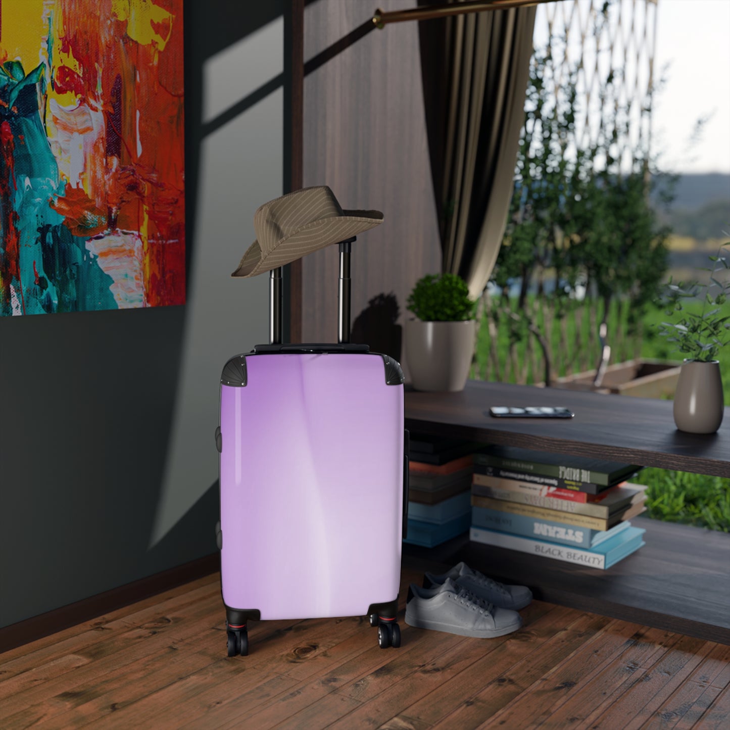 Soft Lavender Fade Small Suitcase with built in lock, 4 double-wheels, telescopic handle, and ABS back hard-shell