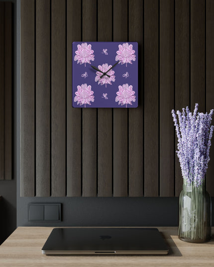 Magenta Floral Butterflies Acrylic Wall Clock, Round or Square, 10.75" x 10.75"