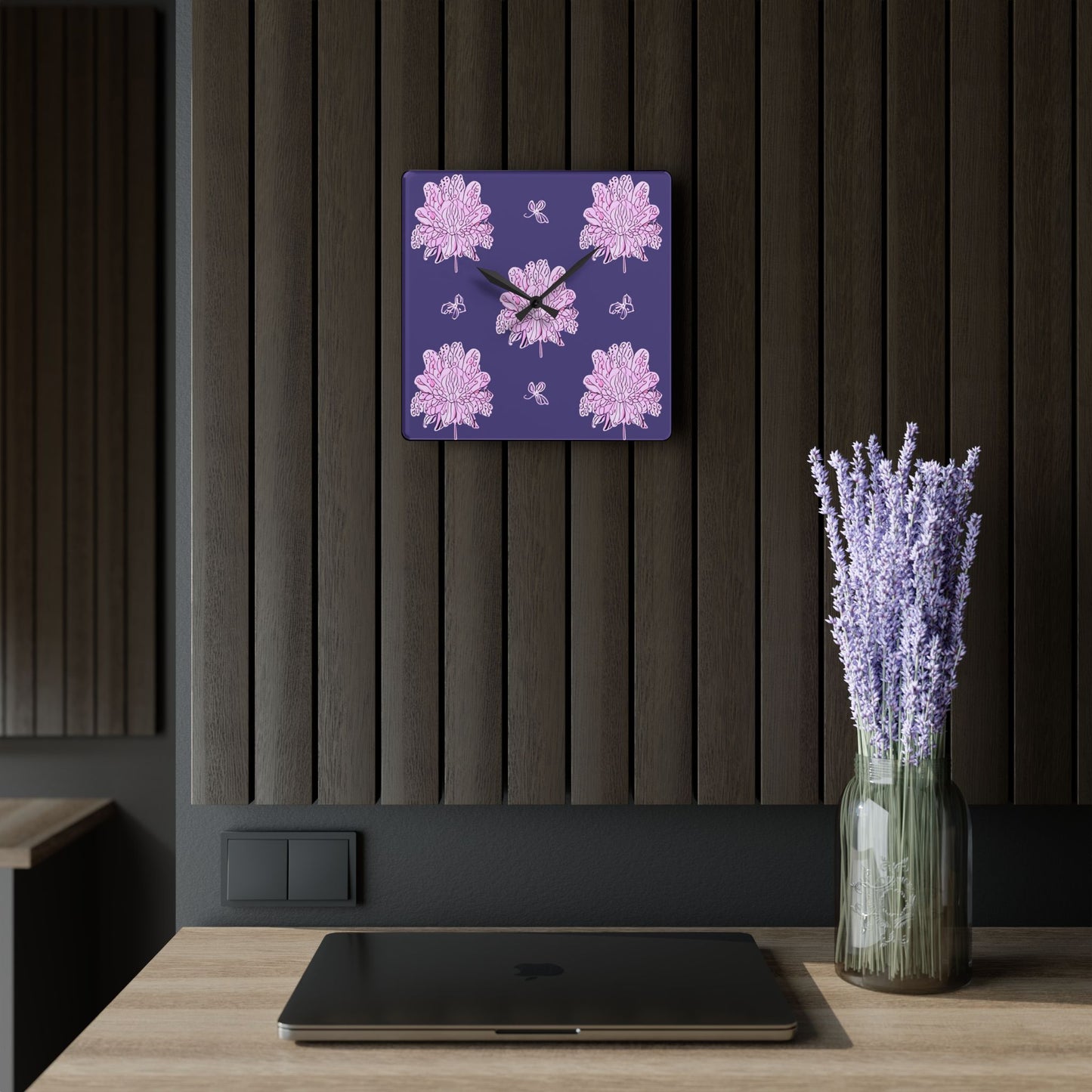 Magenta Floral Butterflies Acrylic Wall Clock, Round or Square, 10.75" x 10.75"