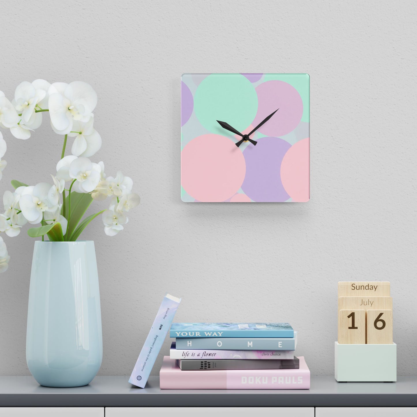 Pastel Peach and Soft Green Patches Acrylic Wall Clock, Round or Square, 10.75" x 10.75"