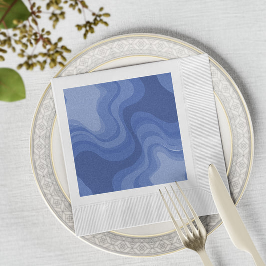 Deep Blue Wavey White Coined Napkins, 6.5" x 6.5"