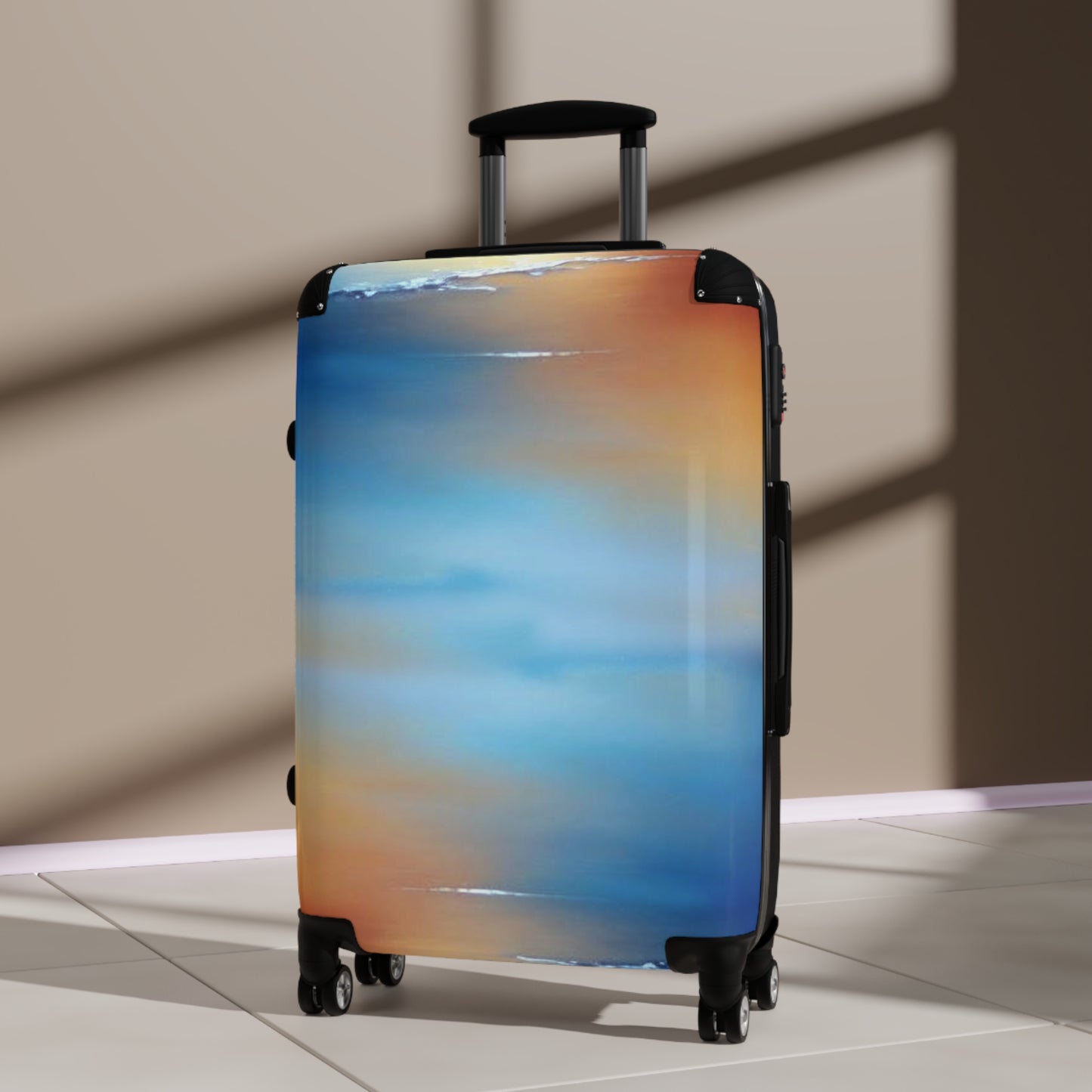 Blue Sea Red Orange Fog Medium Suitcase with built in lock, 4 double-wheels, telescopic handle, and ABS back hard-shell