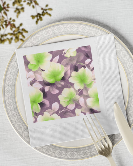 Lime Lavender Floral Bunch White Coined Napkins, 6.5" x 6.5"