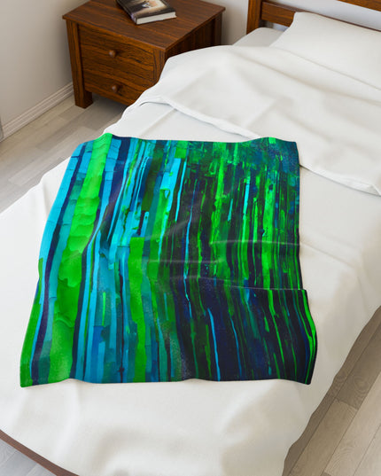 Striped Blue Green Velveteen Plush Blanket, 30" x 40"
