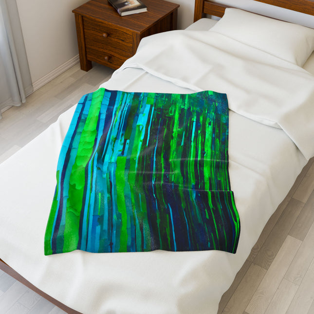 Striped Blue Green Velveteen Plush Blanket, 30" x 40"