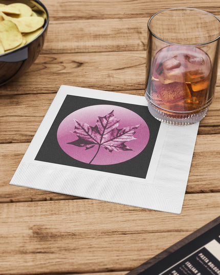Magenta Maple Leaf White Coined Napkins, 6.5" x 6.5"