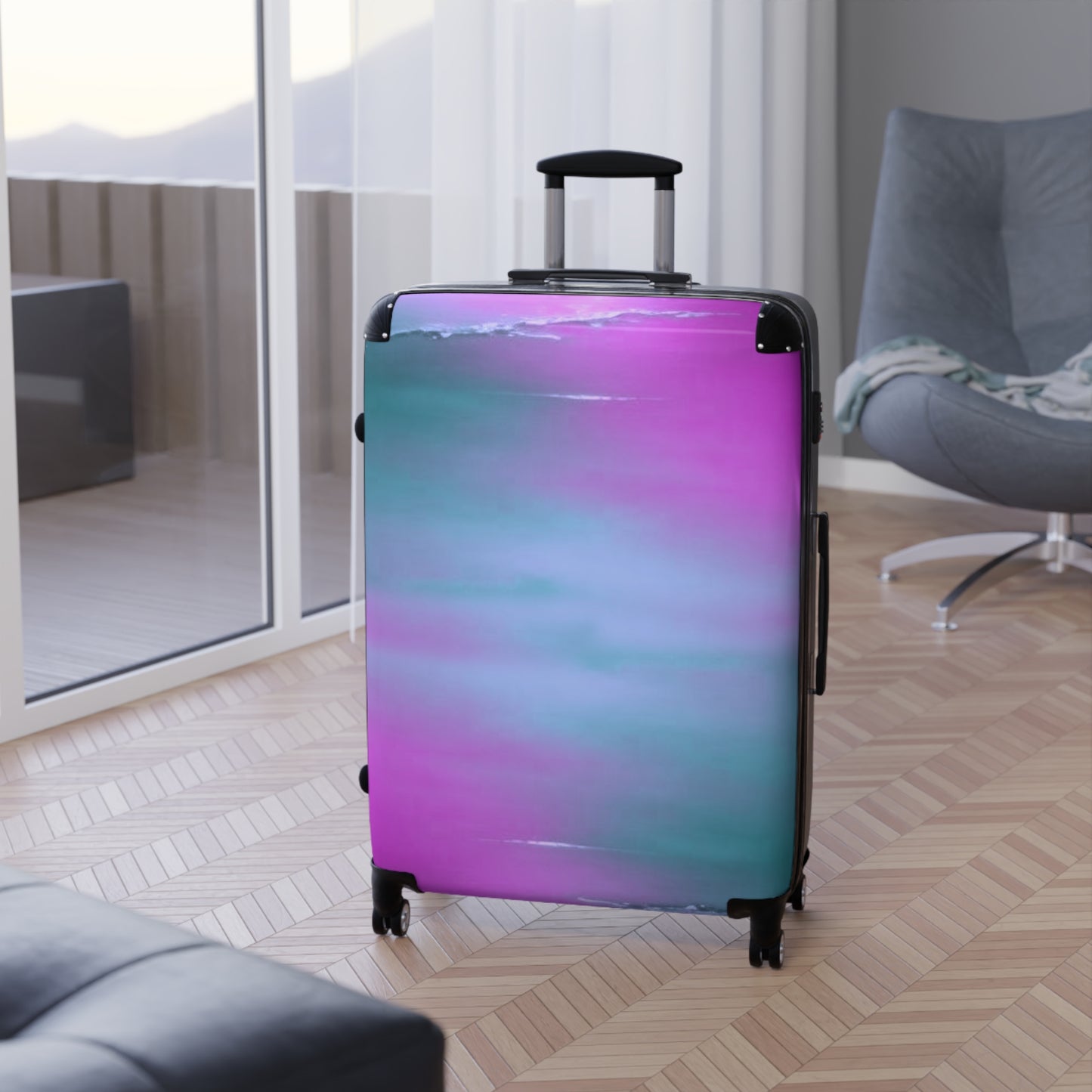 Dark Blue Green Sea Purple Fog Large Suitcase with built in lock, 4 double-wheels, telescopic handle, and ABS back hard-shell