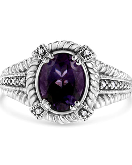 .925 Sterling Silver Prong Set Natural Oval Shape 9X7 MM Purple Amethyst Solitaire and Diamond Accent Ring (I-J Color, I1-I2 Clarity)