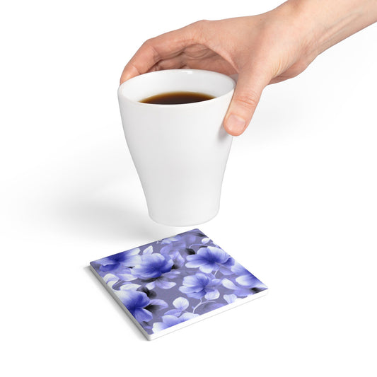 Indigo Blossom Floral Bunch Square Ceramic Coaster, 4" x 4"
