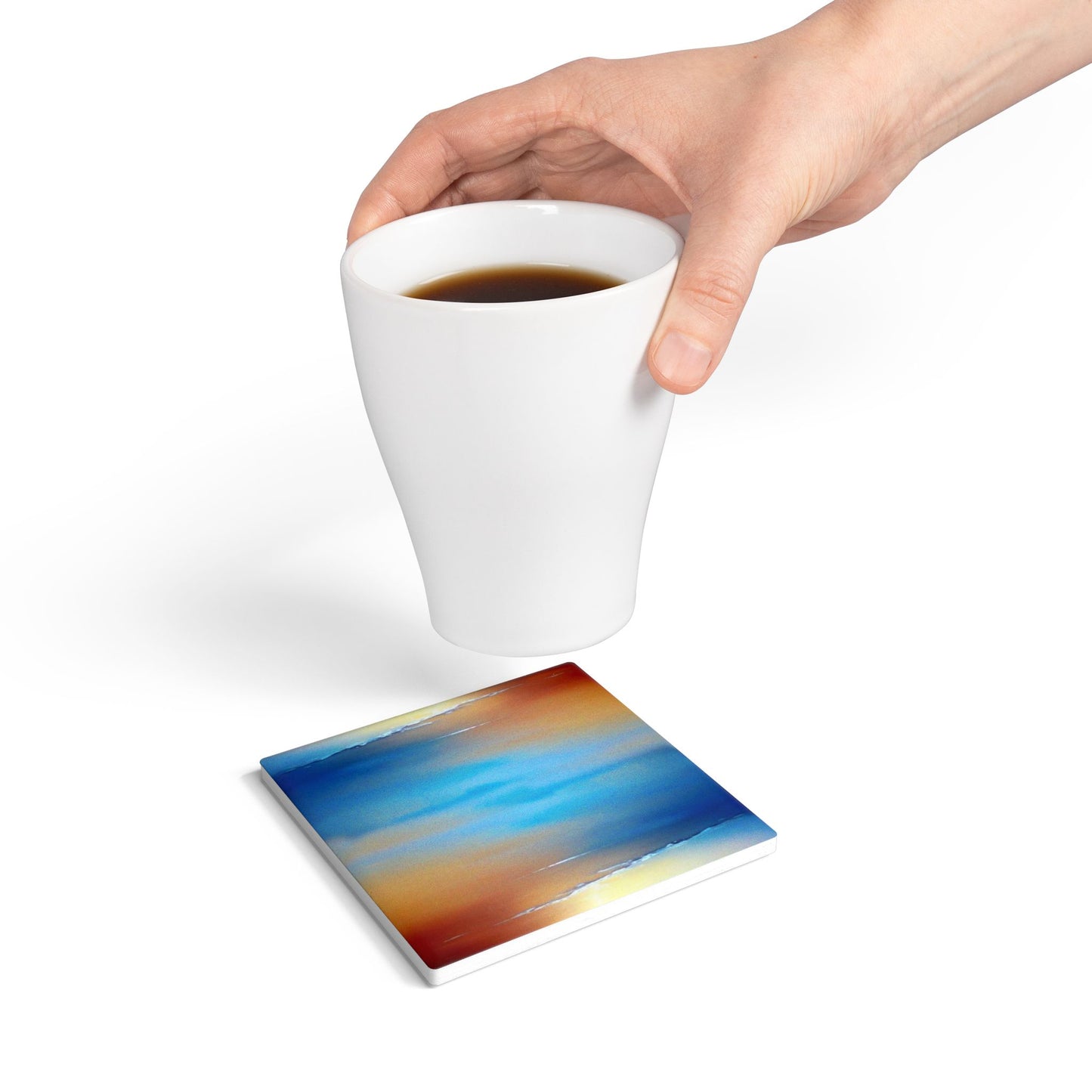 Blue Sea Red Orange Fog 4" x 4" Square Ceramic Coaster