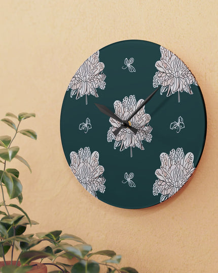 Soft White Floral Butterflies Acrylic Wall Clock, Round or Square, 10.75" x 10.75"
