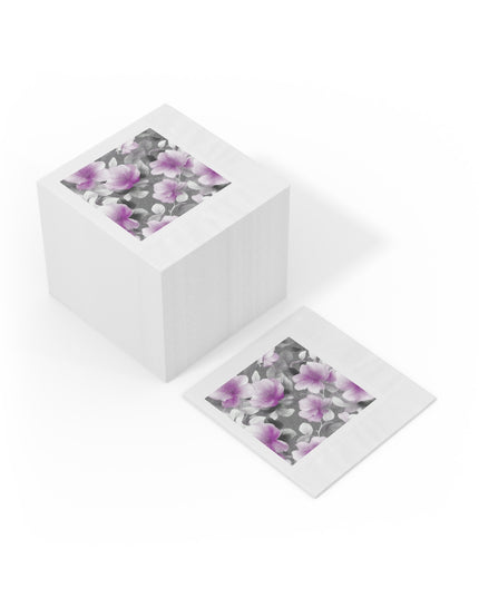 Purple Blossom Floral Bunch White Coined Napkins, 6.5" x 6.5"